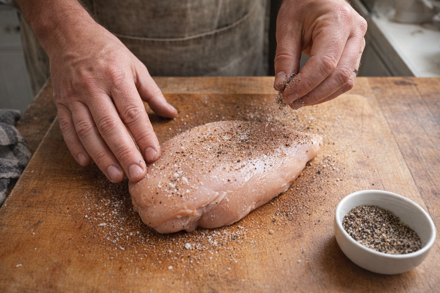 Close up, overhead shot of a raw chicken breast being seasoned with salt and pepper on a wooden cutting board, chef's hands visible